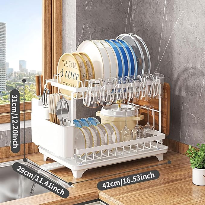Dish Drying Rack,2-Tier Dish Racks for Kitchen Counter with Drainboard & Utensil Holder,Large Dish Drying Rack for Bowls/Cups/Bottles (White)