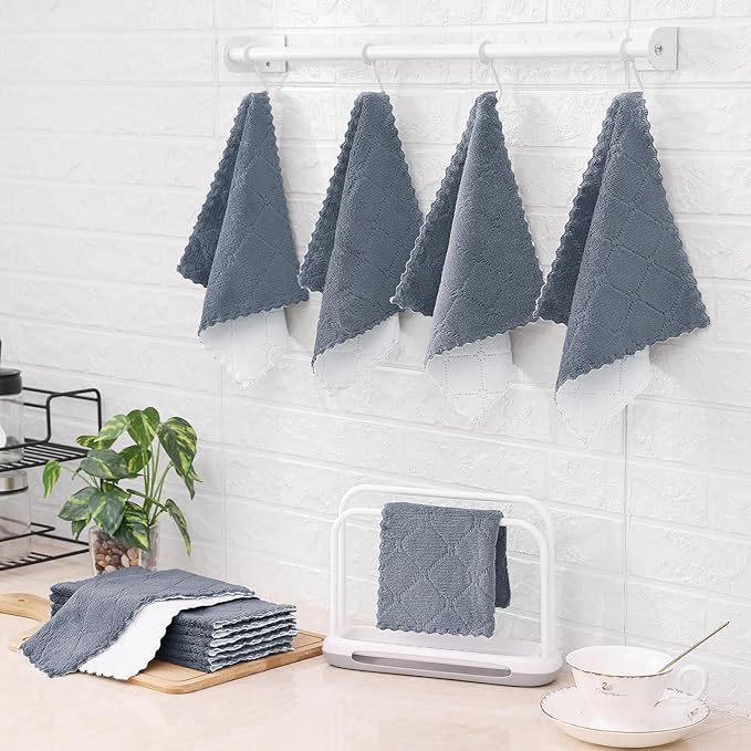 Mordimy 24 Pack Kitchen Cloths Dish Towels (10" x 10", Dark Grey & White), Super Soft and Absorbent Dish Cloths, Coral Velvet Microfiber Cleaning Cloth, Nonstick Oil Fast Dry Dishcloths