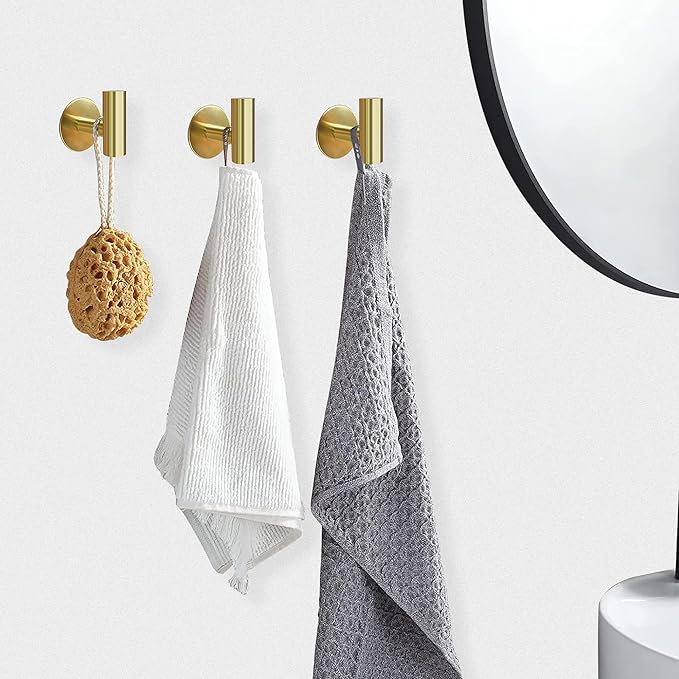 Adhesive Towel Hooks, Brushed Gold SUS 304 Stainless Steel, Coat Robe Sticky Hooks for Bathroom Wall Stick On (Brushed Gold, 4 Pcs)