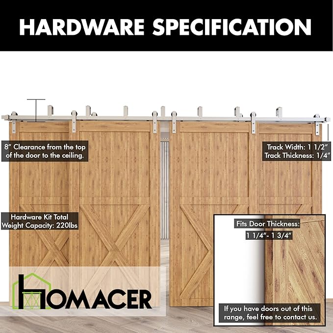 Homacer Brushed Nickel Double Track U-Shape Bypass Sliding Barn Door Hardware Kit, for Four Doors, 9ft Long Flat Track, Straight Design Roller