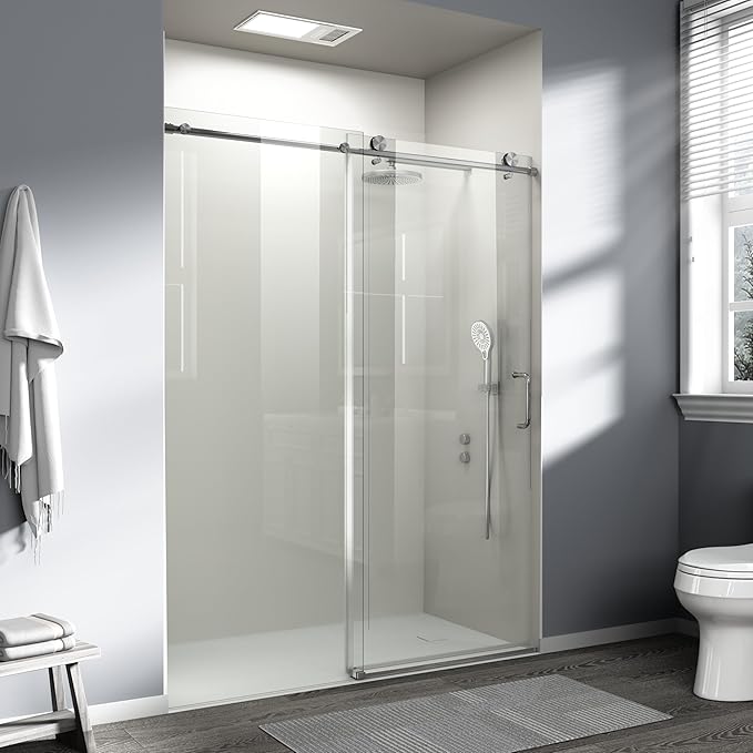 Abruzzo 76" Tall Frameless Single Sliding Shower Door - Adjustable 56" to 60" Width, 1/4" (6mm) Tempered Glass with Safety Film, Brushed Nickel Finish for Walk-in Showers, Space Saving Design