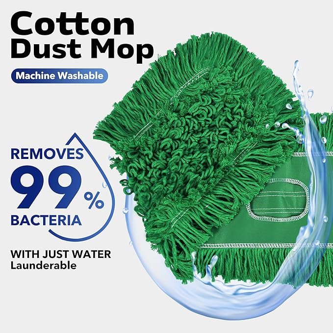 Matthew Cleaning 36'' Industrial Strength Cotton Dust Mop Refill Washable Replacement Heads for Residential & Commercial Use Fit Standard Dust Mop Frames, Hardwood, Concrete Floors Green 6 Pack