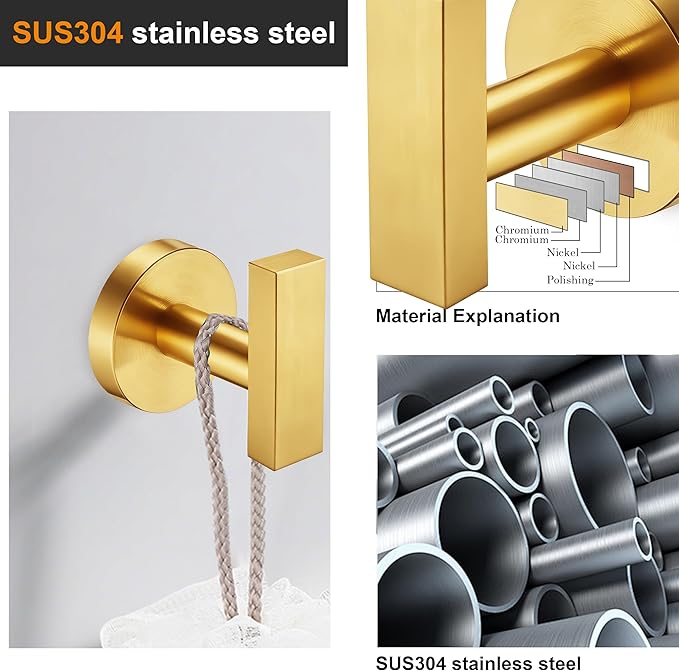 Nolimas Towel Hooks for Bathrooms, Brushed Gold Towel Hook for Kitchen Bathroom, SUS304 Stainless Steel Coat Hook, Heavy Heavy Duty Robe Hooks for Hanging Towels, Coats, sponges, Wall Mount, 4 Pack