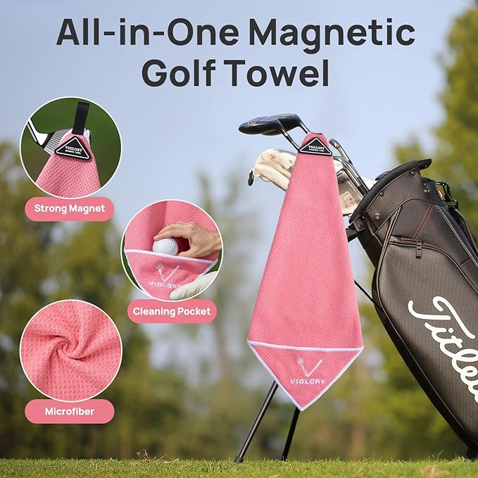 Magnetic Golf Towel for Bag 18" x 18" with Clip Exclusive Cleaning Pocket Microfiber Waffle Ultra Absorbent Club Ball Cleaner, Essential Golf Accessories and Gifts for Men Women(Pink 1 Pack)