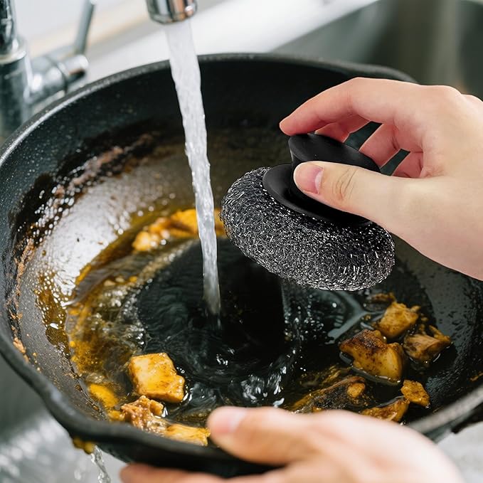 Stainless Steel Wool Scrubber with Rubber Handle & 2 Pads for Cleaning Dishes, Kitchen Pots, Pans, Grills (Black-2Pack)