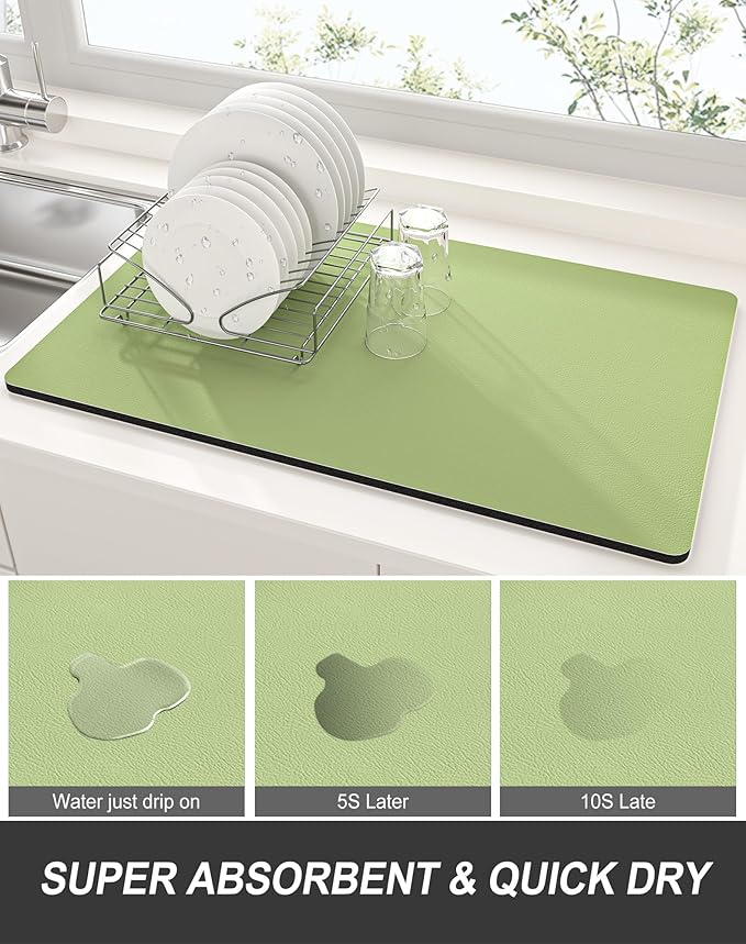 Rnivvi Dish Drying Mat for Kitchen Counter, XL 15 x 24" Super Absorbent Drainer Pad Easy Clean Dish Rack Pad, Non-Slip Heat Resistant Coffee Bar Mat for Coffee Machine Station Accessories Decor, Green