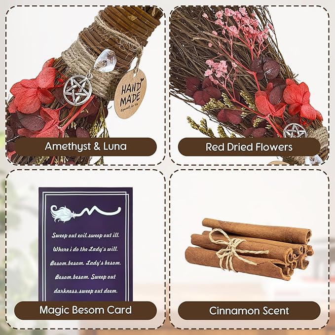 Cinnamon Broom 7.5 Inch Witch Broom for Altar Magic Crystal Handmade Mini Cinnamon Broomstick Scented Natural Herbal Protection Witchcraft Supplies for Wiccan Décor Witchy Gifts (Red)