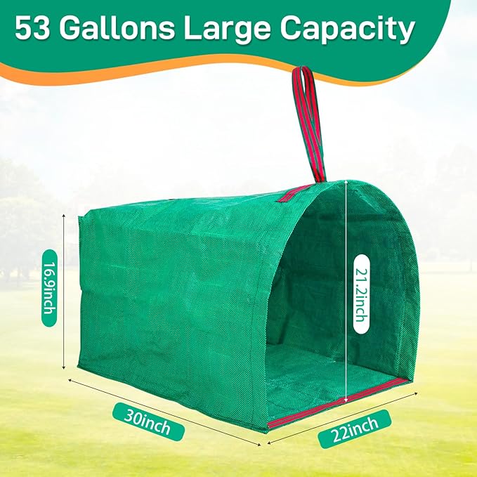 2 Pack 53 Gallon Reusable Yard Waste Bags, Dustpan-Type Leaf Collector Bag, Collapsible Heavy Duty Leaf Bags, Standable Garden Waste Bags for Collecting Leaves, Lawn Grass, Clippings and Branches