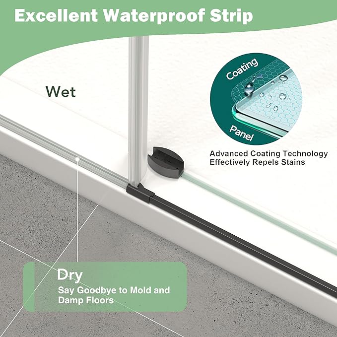 KPUY Frameless Shower Door, 49-54" W x 76" H Sliding Glass Shower Door, 1/4" (6mm) Thick Tempered Clear Glass with Explosion-Proof Film Nano Coating in Matte Black Finish