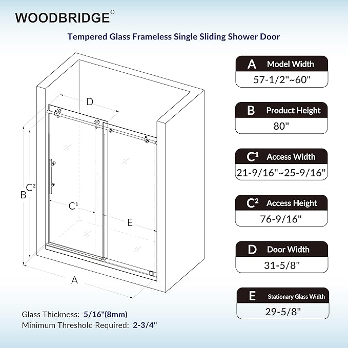 Woodbridge 57.5-60" W x 80" H Frameless Single Sliding Soft-Close Shower Door with Tempered Glass & Explosion Proof Film in Brushed Gold Finish