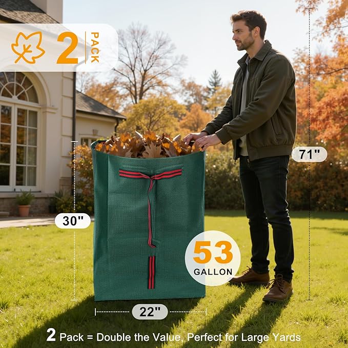 Leaf Collector & Yard Waste Bags 2-Pack, 53 Gallon Heavy Duty Reusable Dustpan-Type Lawn Bag, Collapsible Leaf Bag for Grass, Leaves, Debris