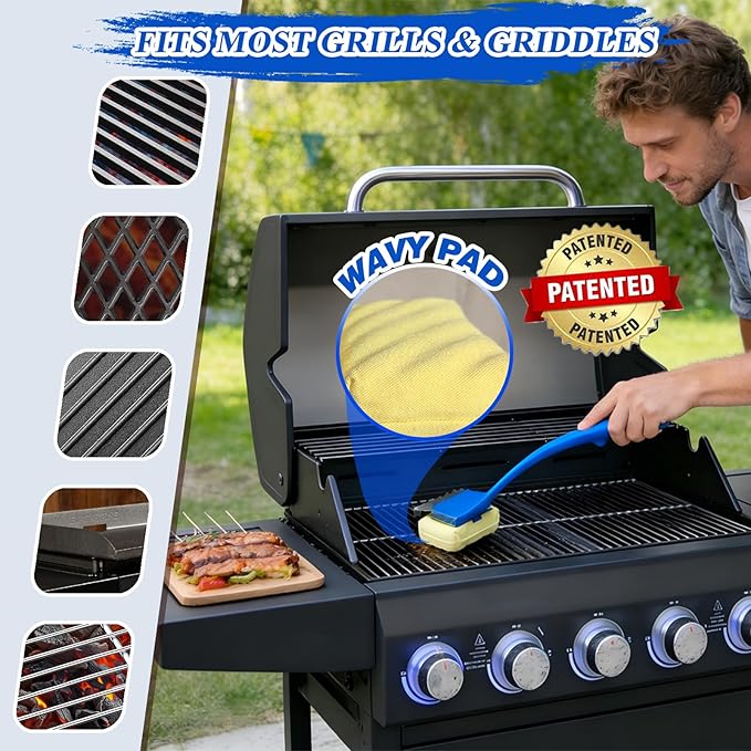 Grill Brush Bristle Free, BBQ Grill Brush for Outdoor Grill, Steam Grill Cleaner with Scraper for Cast Iron/Stainless-Steel Grates, Replaceable Cleaning Head & Extended Handle, Grilling Gifts for Men