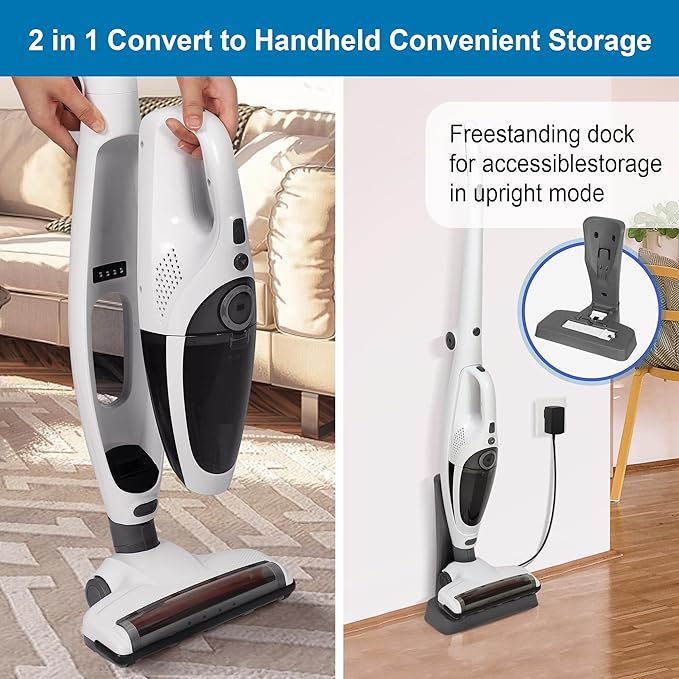 Intercleaner 2 in 1 Handheld & Stick Cordless Vacuum Cleaner, 2-Speed Powerful Suction Lightweight with LED Bagless Stick Vac with Handheld, for Hardwood Floor Carpet Car Pet Hair, Ultra Quiet