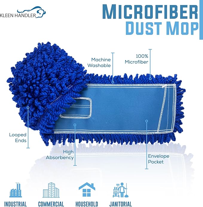 Kleen Handler 24 inch Microfiber Dust Mop | Medium Washable Commercial Mop Head Replacement, Pack of 3