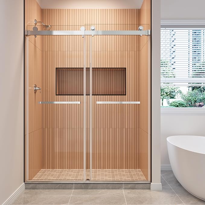 56-61" W x 76" H Frameless Shower Door, Double Sliding Glass Shower Door with 3/8" (10mm) SGCC Tempered Glass, Dual 304 Stainless Towel Bars Bathroom Shower Glass Door (Chrome)