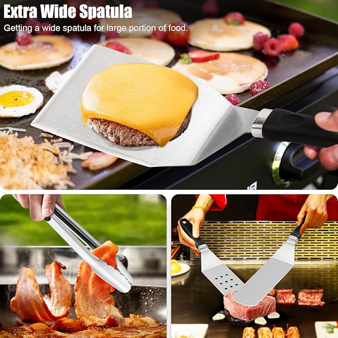 27pcs Griddle Accessories Kit for Blackstone, Professional Hibachi Flat Top Grill Tools, Enlarged Spatula Gift Set with Basting Cover，Burger Press Patty Maker for Outdoor BBQ Teppanyaki