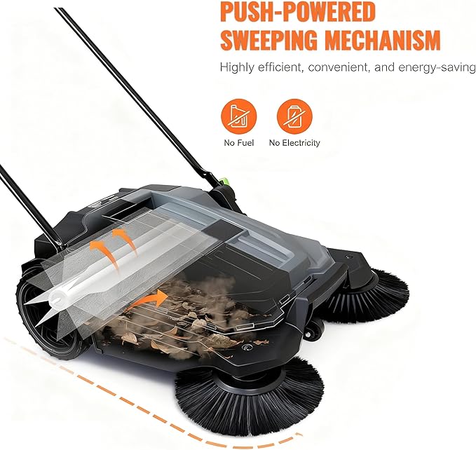 Manual Walk-Behind Floor Sweeper - 25.6" Wide Sweeping Path, 5-Gallon Waste Container, Adjustable Foldable Handle for Yard/Garage/Patio