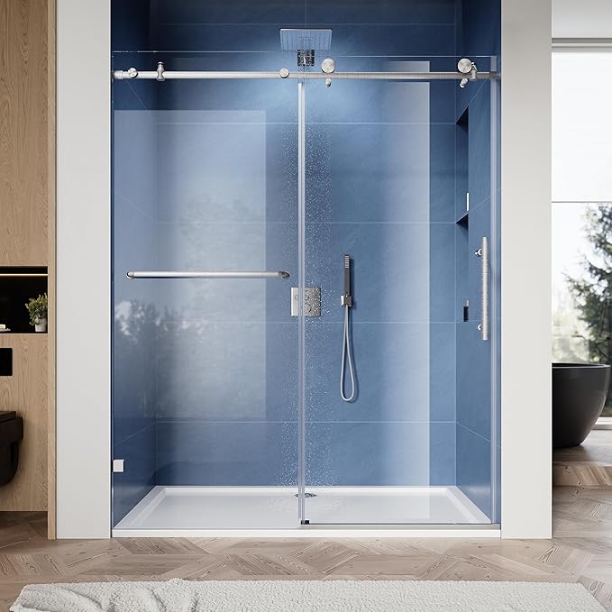 SUNNY SHOWER Frameless Shower Door 60" W x 79" H, Single Sliding Shower Glass Door, 5/16" Tempered Glass, Bathroom Sliding Door in Brushed Nickel