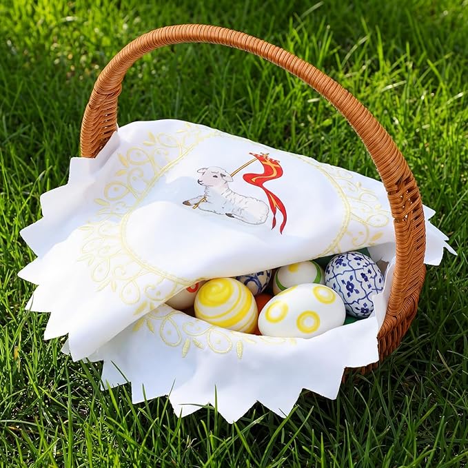 Polish Traditional Easter Embroidered Basket Cover Table Decoration Easter Religious Gift 13" Round Embroidered Cloth with Lamb Carrying Cross Flag for Meal Blessed Catholic Church Altar