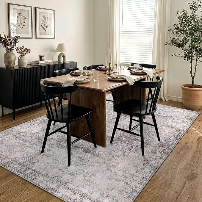Vintage 5x7 Washable Area Rugs, Grey Rug for Living Room, Bedroom, Dining Room, Kitchen, Boho Indoor Soft Nursery Rugs for Classroom Dorm, Non Slip Low Pile Distressed Carpets for Office