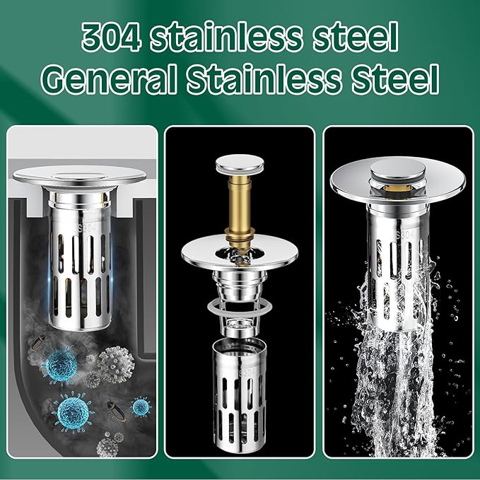 3 in 1 Sink Drain Strainer with Hair Catcher,8PCS Stainless Steel Popup Sink Stopper with Basket for Bathroom Kitchen Shower,Pop-up Bounce Core Floor Basin Drain Filter,Replacement Sink Plug