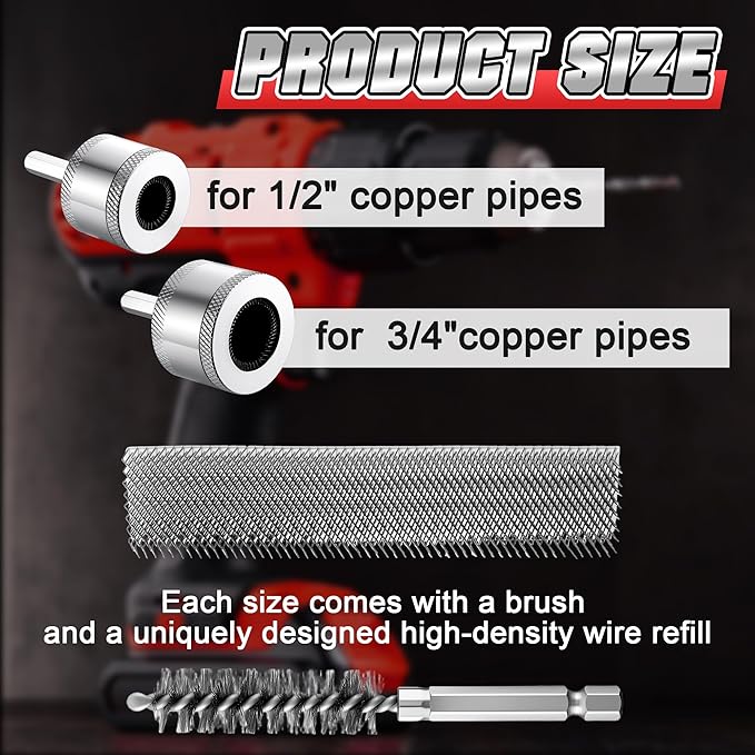 1/2"&3/4" Copper Pipe Cleaner for Drill with 1/4" Hex Shank & Brush Blades & Metal Pipe Cleaning Brush, Tube Thread Cleaner, Plumbing Tools for Plumber Removing Rust, HVAC Stain Removal(2 Piece)