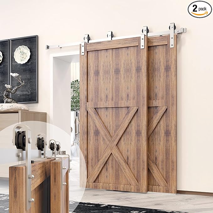 Homacer Brushed Nickel Single Track Bypass Sliding Barn Door Hardware Kit, for Two/Double Doors, 6ft Long Flat Track, Classic Design Roller,