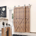 Homacer Brushed Nickel Single Track Bypass Sliding Barn Door Hardware Kit, for Two/Double Doors, 4.5ft Long Flat Track, Classic Design Roller,