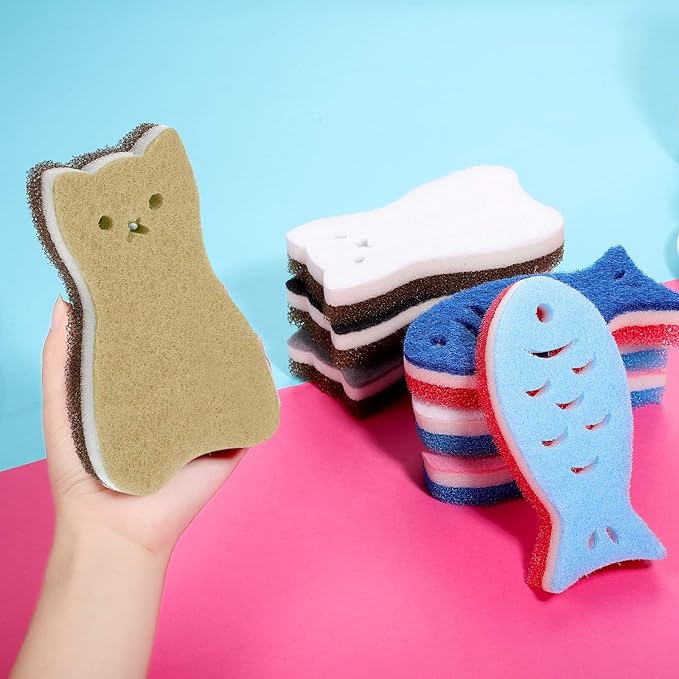 8 Pieces Kitchen Scrub Sponges Cat Fish Cleaning Sponge Dishwashing Scrubber Non-Scratch Multi-Use Sponges for Dishes Pots Pans Sinks
