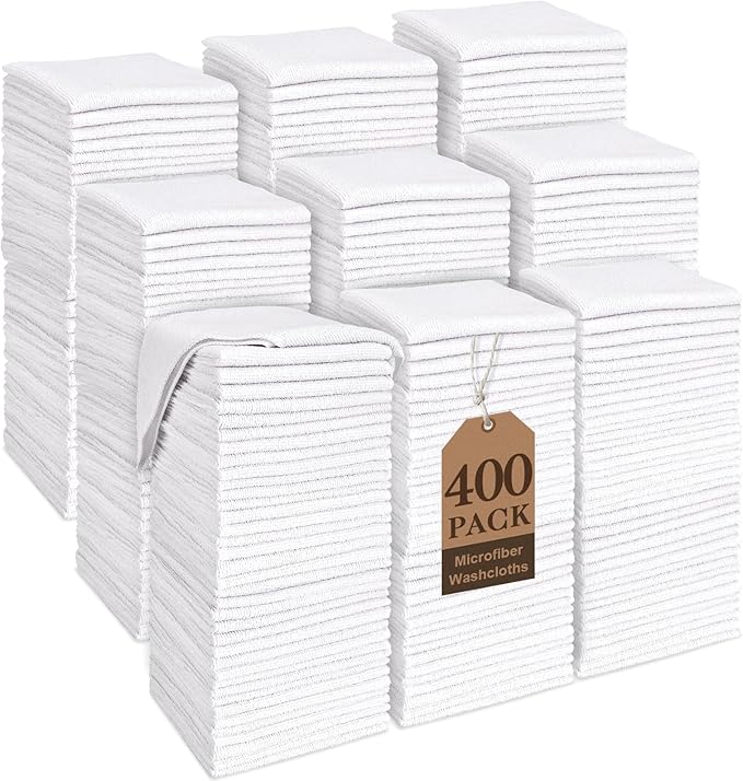 White Washcloths Bulk 400 Pack, Highly Absorbent & Quick Drying Face Towels, Premium Quality Soft Bath Towels, Multipurpose Microfiber Wash Cloths, 12x12 inches