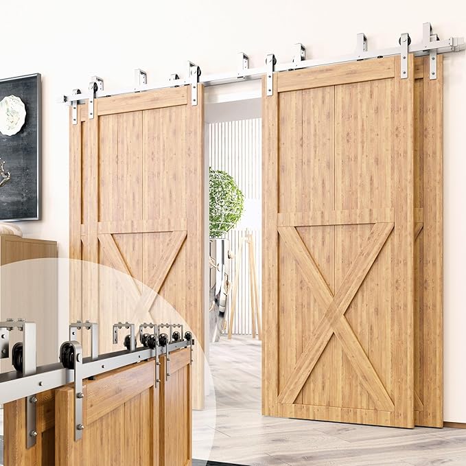 Homacer Brushed Nickel Double Track U-Shape Bypass Sliding Barn Door Hardware Kit, for Four Doors, 10ft Long Flat Track, Classic Design Roller