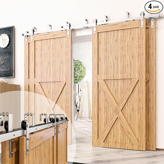 Homacer Brushed Nickel Double Track U-Shape Bypass Sliding Barn Door Hardware Kit, for Four Doors, 12ft Long Flat Track, Classic Design Roller