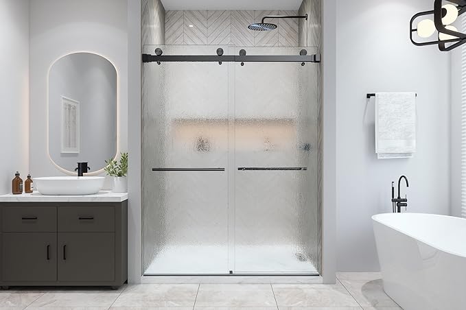 VITRA-200X 56.5-59" W x 78" High 3/8" Twinglide Frameless Shower Door with (10mm) Rain Tempered Glass (Matte Black)