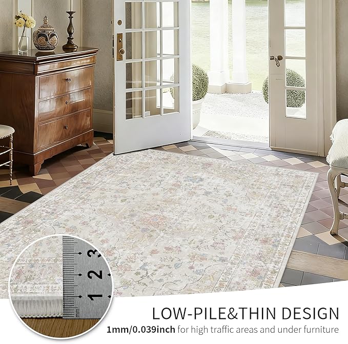 4x6 Area Rugs for Living Room, Bedroom, Small Washable Beige Rugs, Entryway Non Slip Rug, Neutral Floral Vintage Boho Soft Indoor Carpet for Nursery, Bathroom, Office