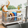 Cisily Sponge Holder for Kitchen Sink, Sink Caddy Organizer with High Brush Holder, Kitchen Countertop Organizers and Storage Essentials, Rustproof 304 Stainless Steel (Silver, 9.25″)
