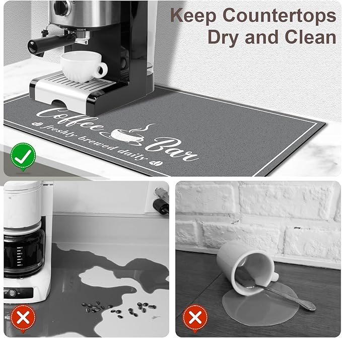 Absorbent Coffee Mat, Fashion Dish Drying Mat for Kitchen Counter Coffee Bar Accessories Espresso Machine Dish Rack 16" x 24" Dark Grey