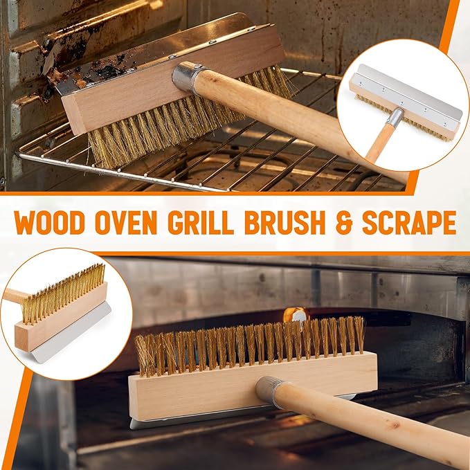 1 Pack 37 Inch Wood Handle Pizza Oven Brush with Scraper Outdoor Pizza Oven Cleaning Brush Tool, Aluminum Threaded Tip, Brass Bristles with Steel Scraper