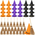 48 Pcs Mini Witch Hats and Broom for Crafts Halloween Wizard Accessories for Party Favors Decor (Black Purple Orange,1.97 Inches)