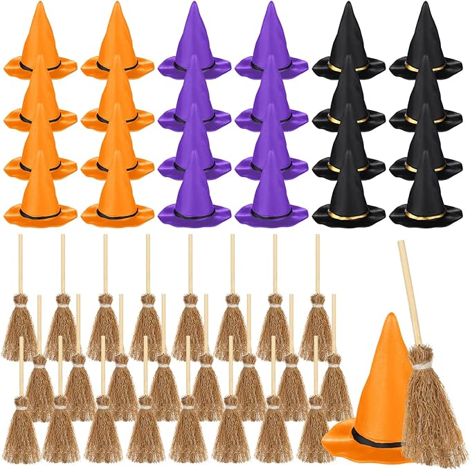48 Pcs Mini Witch Hats and Broom for Crafts Halloween Wizard Accessories for Party Favors Decor (Black Purple Orange,1.97 Inches)