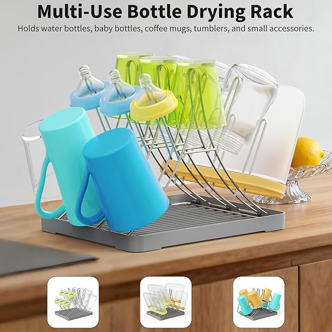 Baby Bottle Drying Rack, Space Saving Bottle Drying Tree Rack with Drainboard for Cups, Mugs and Glass, Sports Bottle, Holds Up to 15 Baby Bottles ，Foldable,Stainless Steel,