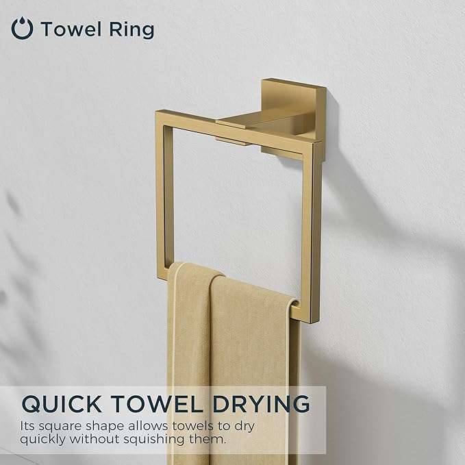 FORIOUS Toilet Paper Holder Set Wall Mount, SUS 304 Stainless Steel Pivoting Toilet Paper Holder and Towel Ring, Hand Towel Holder Set for Bathroom, Square Bathroom Hardware Set, Brushed Gold