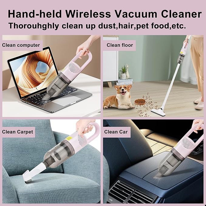 6-in-1 Lightweight Stick Vacuum Cleaner with 100W Powerful Motor, Mini Portable Household Handheld Vacuum Cleaner for Domestic Hard Floors, Carpets and Pet Hair(Pink Cordless with Plug)
