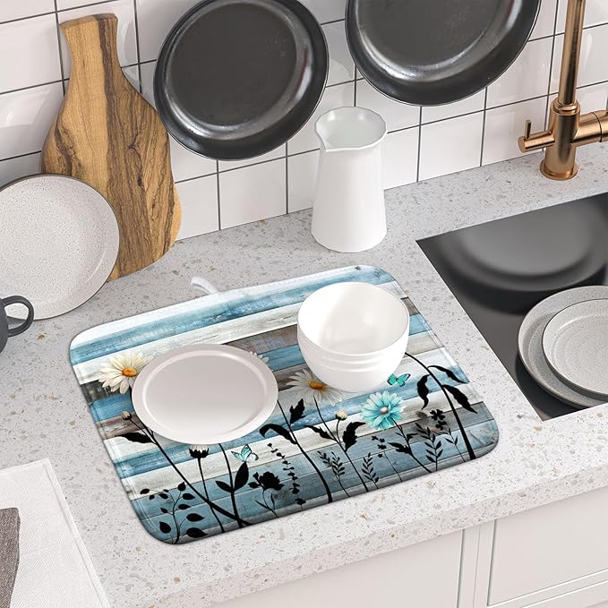 Blue White Daisy Floral Dish Drying Mat for Kitchen Counter,Sprinng Rustic Wood Drying Mat 16 x18 Inch with Absorbent Reversible Microfiber Drying Pad for Coffee Bar