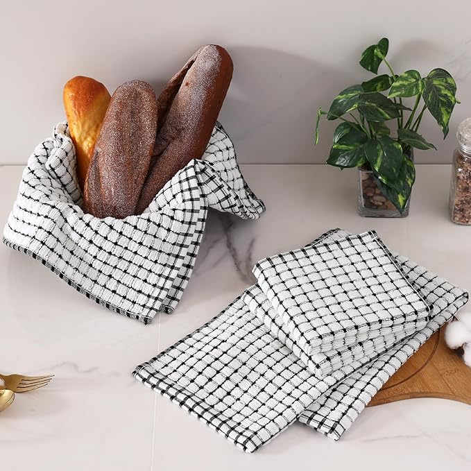 Homaxy Kitchen Towels and Dishcloths Set, 16 x 25 and 12 x 12 Inches, Set of 8 Cotton Terry Kitchen Dish Towels, Super Soft and Absorbent Dish Cloths, Black
