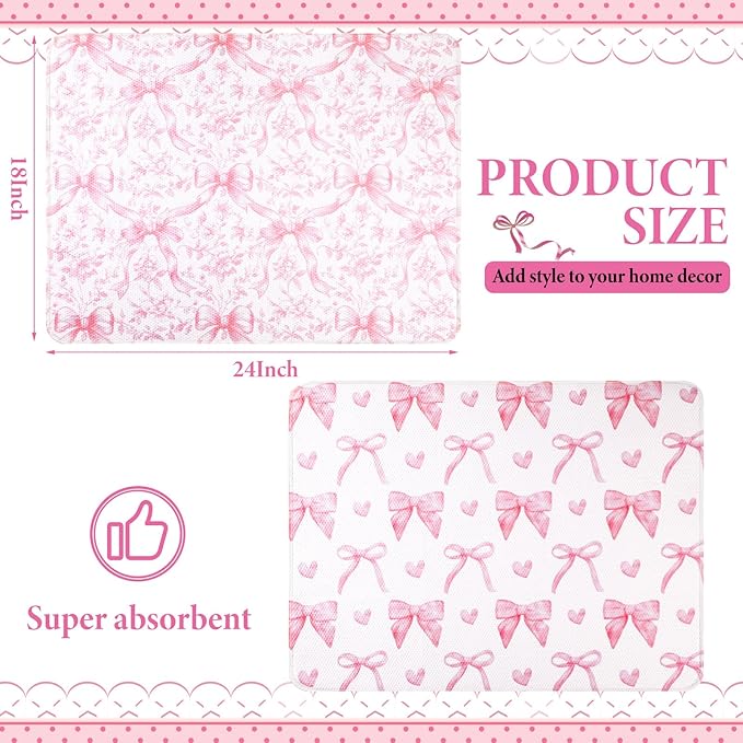 2 Pcs Large Coquette Pink Bow Dish Drying Mat Large for Kitchen, 18 X 24 Inch Bow Absorbent Microfiber Coffee Bar Pad for Women Counter Kitchen Home Accessories Party Gifts