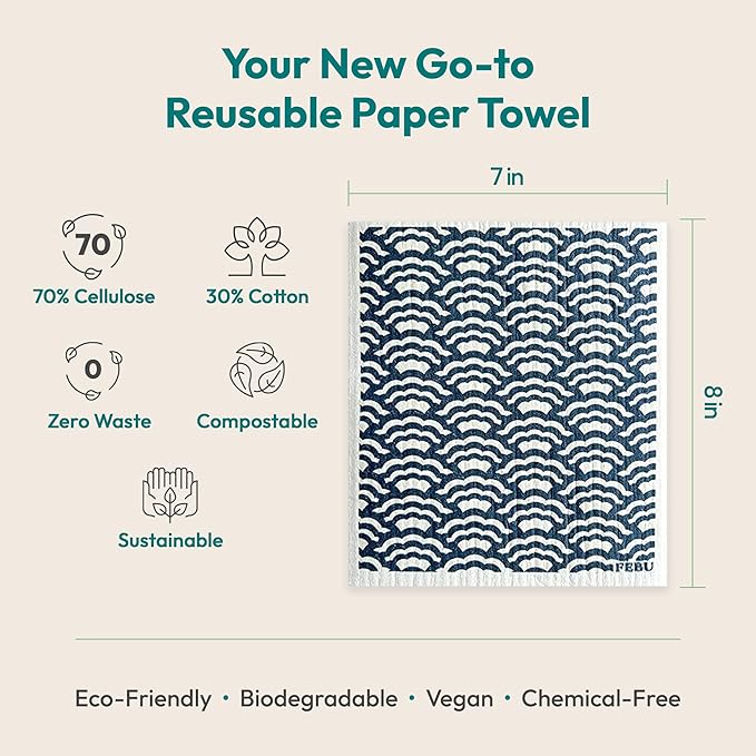 FEBU Swedish Dishcloths for Kitchen | 5 Pack Neutral Reusable Paper Towels Washable | Swedish Dish Towels | Non-Scratch Cellulose Sponge Cloths | No Odor, Biodegradable Cleaning Cloths