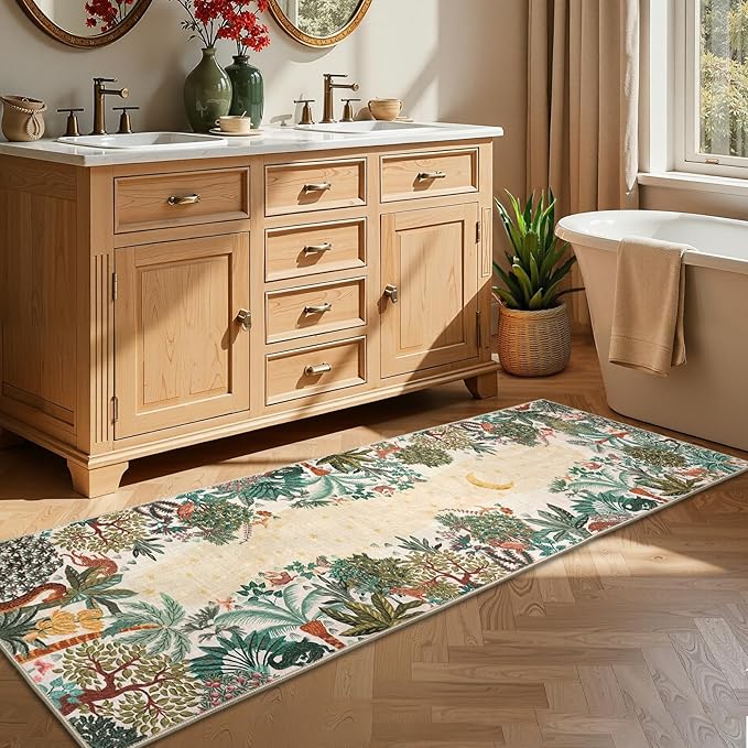 GarveeHome 2x6 Jungle Washable Runner Rug for Kitchen, Soft Animal Print Hallway Runner Non Slip Beige Entryway Rug Farmhouse Laundry Mat Stain Resistant Carpet for Bedroom Bathroom