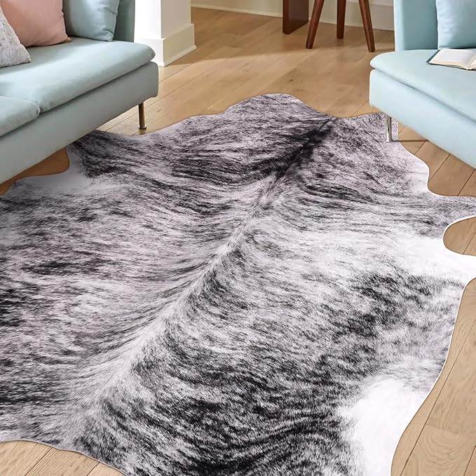 Amearea Premium Faux Cow Hide Rug, Large, Grey, 5.2x4.6 Feet, Animal Print, Rustic, Suede Backing, Non-Slip, Machine Made, Indoor, Adult, Unisex, Stain Resistant, Hand Wash Only, Bedroom, Area Rug