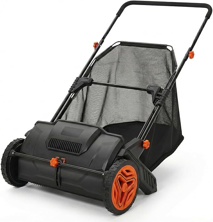 Hand Push Lawn Sweeper, 21" Sweeping Width Floor Sweeper Manual Non-Electric, 3.5 cu. ft. Large Mesh Collection Hopper Bag, 2 Spinning Brushes for Walkway, Yard, Garage, Patio (21")