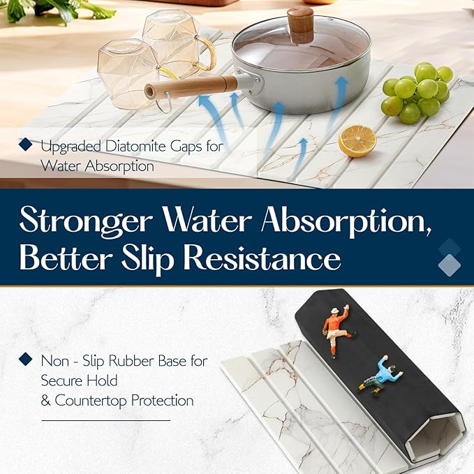 Large Stone Drying Mat for Kitchen Counter - 23.4" x 15.4" Quick Drying Foldable Dish Drying Mat - Super Absorbent Diatomaceous Earth Mat - Stone Dish Drying Mat for Cups Bottles